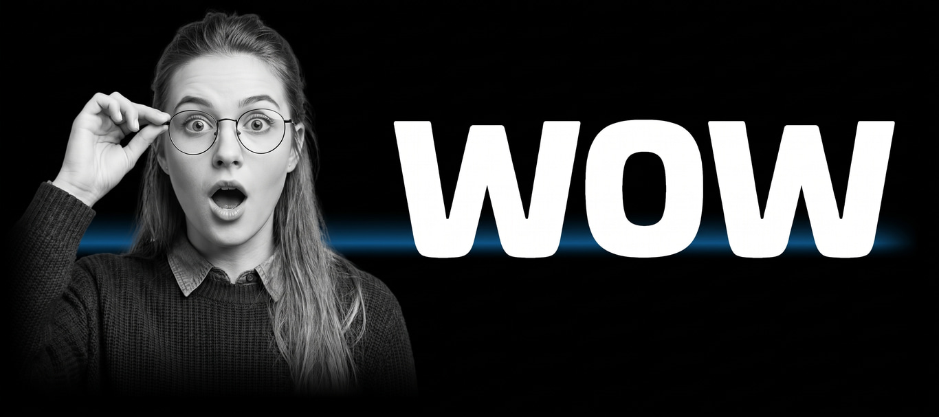Woman wearing round eyeglasses beside the word WOW on a black background